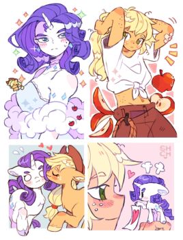 2girls adjusting_hair alternate_costume animal animal_couple apple applejack applejack_(equestria_girls) blonde_hair blue_dress blue_eyes blush border brown_pants chibi colored_skin commentary couple creature_and_personification curly_hair dress dual_persona food freckles fruit heart highres kiss kissing_cheek long_hair looking_at_viewer midriff_peek multiple_girls multiple_views my_little_pony my_little_pony:_equestria_girls my_little_pony:_friendship_is_magic orange_skin pants personification pony_(animal) purple_hair rarity_(equestria_girls) rarity_(my_little_pony) sharpycharot shirt sparkle tied_shirt tomboy tsundere undersized_animal unicorn white_border white_shirt white_skin yuri