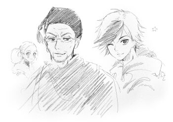 1girl 2boys 2drucy beard_stubble blush commentary_request corne_meilleur double_bun facial_hair father_and_son glasses greyscale hair_bun hat highres korean_commentary looking_at_viewer monochrome multiple_boys one_eye_closed pointy_ears poivre_meilleur rubis_(sugar_sugar_rune) simple_background smile stubble sugar_sugar_rune turtleneck