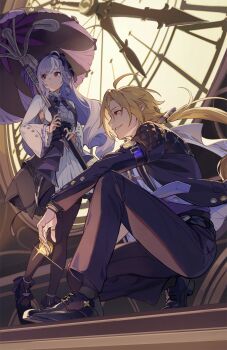 1boy 1girl absurdres ahoge analog_clock black_bow black_bowtie black_jacket black_nails black_pants black_pantyhose black_shoes black_skirt black_socks blonde_hair bow bowtie bracelet breasts brooch center_frills clock closed_mouth clothing_cutout coin commentary_request dress drill_hair drill_sidelocks fingernails floating_hair frilled_shirt_collar frilled_sleeves frills glint gold_ring hair_bow hairband high_heels highres holding holding_coin holding_umbrella hugo_vlad jacket jewelry kotatiyu long_hair long_sleeves looking_ahead low_ponytail medium_breasts mole mole_under_eye multicolored_hair nail_polish necktie official_art open_clothes open_jacket pants pantyhose parasol parted_bangs parted_lips platform_heels pointy_ears ponytail purple_bow purple_bowtie purple_hair purple_shirt red_eyes ring second-party_source shirt shoes sideboob_cutout sidelocks skirt smile socks squatting standing streaked_hair thumb_ring umbrella very_long_hair vivian_banshee white_dress white_hair white_necktie wide_sleeves zenless_zone_zero