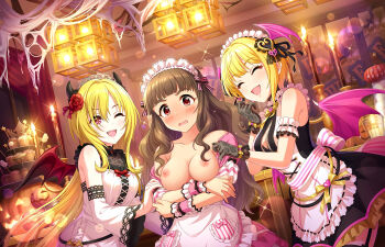 ^_^ annindoufu_(oicon) assisted_exposure blonde_hair blush breasts breasts_out brown_hair cake candle closed_eyes devil fang food gloves halloween happy headdress headwear_request heart highres horns idolmaster idolmaster_cinderella_girls kamiya_nao kurosaki_chitose long_hair maid medium_breasts miyamoto_frederica nail_polish nipples no_bra nude_filter one_eye_closed pink_eyes red_eyes ribbon short_hair shy thighhighs third-party_edit topless_female wings wink