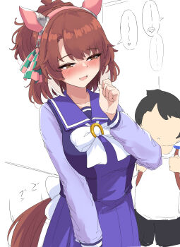 1boy 1girl absurdres animal_ears blush bow breasts brown_hair child commentary_request dantsu_flame_(umamusume) ear_covers ear_ribbon faceless faceless_male gryebooks highres horse_ears horse_girl horse_tail large_breasts long_sleeves multicolored_hair school_uniform short_hair speech_bubble tail tracen_school_uniform translation_request two-tone_hair umamusume white_hair