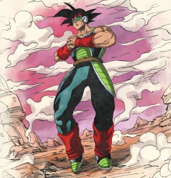 1boy armor bardock black_eyes black_hair cross_scar dragon_ball dragonball_z facial_scar headband highres kouji08250 male_focus monkey_boy monkey_tail muscular muscular_male open_mouth saiyan saiyan_armor scar scar_on_cheek scar_on_face scouter short_hair simple_background spiked_hair tail tail_around_own_waist wristband