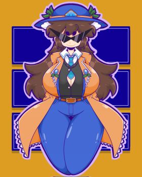 aged_up belt blue_hat breasts brown_hair brown_jacket cleavage curvy formal_clothes gensokyo_odyssey gluteal_fold hat highres huge_breasts jacket kakkoi_elbertson long_hair mature_female mccum69 suit sunglasses thick_thighs thighs touhou triangular_eyewear wide_hips