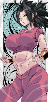 1girl abs absurdres black_eyes black_hair blue_background bracer breasts collarbone covered_erect_nipples dragon_ball dragon_ball_super earrings gradient_background grey_background highres jewelry kefla_(dragon_ball) kinakomochi_(user_vedc2333) large_breasts long_hair looking_at_viewer midriff muscular navel open_mouth pants ponytail potara_earrings red_pants red_shirt saiyan shirt short_sleeves spiked_hair standing two-tone_background