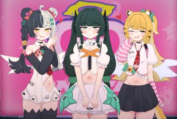Rule 34 | 3girls, absurdres, android, animal ear fluff, animal ears, aria (zenless zone zero), aria (zenless zone zero) (cosplay), arm warmers, bare shoulders, black hair, blonde hair, blue eyes, blush, bow, braid, braided twintails, commentary request, cosplay, detached sleeves, dialyn (zenless zone zero), dress, green eyes, green hair, hair ornament, hands up, heart, heartbee, highres, ju fufu, korean commentary, long hair, looking at viewer, multicolored hair, multiple girls, nangong yu, nangong yu (cosplay), navel, necktie, one eye closed, open mouth, pink background, qingyi (zenless zone zero), red necktie, robot girl, shirt, sidelocks, skirt, split-color hair, standing, striped arm warmers, striped fur, striped hair, sunna (zenless zone zero), sunna (zenless zone zero) (cosplay), tail, thighhighs, tiger ears, tiger girl, tiger stripes, tiger tail, too many bows, twintails, white dress, white hair, white shirt, white wings, wings, yellow eyes, zenless zone zero