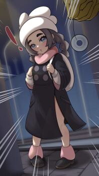 ! 1girl :o ansha_(pokemon) backpack bag black_coat black_shoes blue_eyes coat coin emphasis_lines eyelashes gen_1_pokemon hat head_tilt highres holding holding_strap holding_string holed_coin hypno hypnosis leg_warmers long_hair mind_control mixed-language_commentary negaska nintendo pendulum pigeon-toed pink_leg_warmers pink_scarf pokemon pokemon_(creature) pokemon_legends:_z-a scarf shirt shoes standing string white_bag white_hat white_shirt