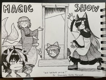 5girls :d absurdres animal_ears bow bowl bowl_hat closed_eyes closed_mouth commentary commentary_request cone_horns dress drill_hair drill_sidelocks english_commentary english_text fins greyscale guillotine hair_bow hat head_fins highres horns imaizumi_kagerou japanese_clothes kijin_seija kimono long_hair long_sleeves mermaid mini_person minigirl mixed-language_commentary monochrome monster_girl multicolored_hair multiple_girls obi open_mouth photo_(medium) pointy_ears sash sekibanki shoes short_hair sidelocks small_horns smile streaked_hair sukuna_shinmyoumaru suteruko tail touhou traditional_media v wakasagihime wide_sleeves wolf_ears wolf_girl wolf_tail