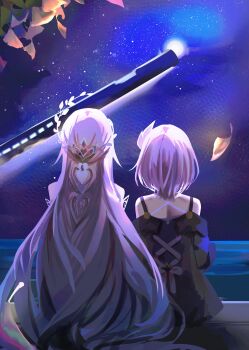 2girls absurdres astral_express_(honkai:_star_rail) back_bow bare_shoulders black_jacket blue_sky bow cyrene_(aedes_elysiae)_(honkai:_star_rail) cyrene_(honkai:_star_rail) cyrene_(ripples_of_past_reverie)_(honkai:_star_rail) dual_persona flower from_behind ginkgo_leaf hair_branch hair_flower hair_ornament hair_ribbon hashtag-only_commentary headpiece highres honkai:_star_rail honkai_(series) jacket leaf long_hair long_sleeves multiple_girls neneneneko night night_sky ocean off-shoulder_jacket off_shoulder official_alternate_costume official_alternate_hairstyle pink_bow pink_hair ribbon rose shadow short_hair sitting sky star_(sky) starry_sky train white_flower white_ribbon white_rose