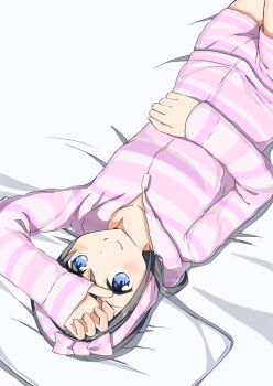1girl absurdres bed_sheet blue_eyes blush closed_mouth collarbone dot_nose from_above grey_hair hair_between_eyes hairband hand_on_own_forehead hand_on_own_stomach highres lying negimiso1989 on_back original pajamas pink_pajamas short_hair shorts sidelocks smile solo striped_clothes striped_pajamas zipper
