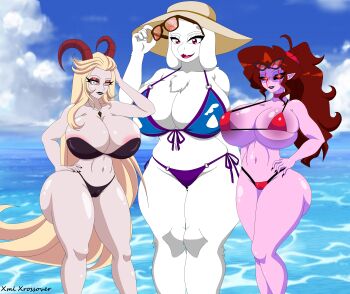 3girls absurdres animal_ears ass bikini black_lips black_sclera blonde_hair breasts choker colored_sclera colored_skin commentary demon demon_girl english_commentary friday_night_funkin' front-tie_bikini_top front-tie_top furry furry_female goat_ears goat_girl goat_horns hat hazbin_hotel hellaverse highres horns huge_ass huge_breasts jewelry large_breasts lilith_(hazbin_hotel) lipstick long_hair makeup mature_female mommy_mearest monster_girl multiple_girls necklace ponytail purple_skin red_eyes red_hair self-upload sun_hat sunglasses swimsuit tall_female thong thong_bikini toriel undertale utdr_(toby_fox) very_long_hair white_fur wide_hips xml_xrossover