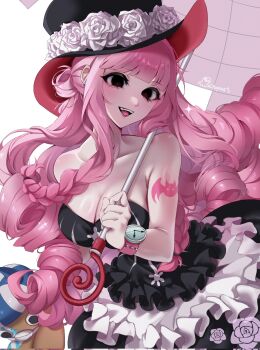 1girl akaakasa0215 artist_name bare_shoulders bat_tattoo black_dress black_hat braid breasts cleavage commentary dress english_commentary hat highres holding holding_umbrella large_breasts long_hair one_piece open_mouth perona pink_hair smile solo tattoo umbrella watch wristwatch