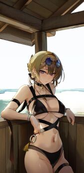 1girl absurdres arm_strap bikini black_bikini black_choker blonde_hair bracelet breasts choker commentary english_commentary evelyn_chevalier eyewear_on_head hair_up highres jewelry kanniiepan large_breasts long_ribbon looking_at_viewer mole mole_under_eye navel necklace outdoors purple_eyes ring_hair_ornament round_eyewear solo swimsuit thigh_strap underboob water zenless_zone_zero