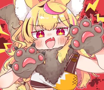 1girl animal_ear_fluff animal_ears animal_hands black_streaks blonde_hair blush choko_min double-parted_bangs fang fox_ears fox_girl fox_tail fur_scarf gloves halloween_costume hands_up highres hololive jitome long_hair looking_at_viewer multicolored_hair omaru_polka open_mouth paw_gloves pink_streaks purple_eyes red_background skin_fang smile solo star-shaped_pupils star_(symbol) streaked_hair symbol-shaped_pupils tail v-shaped_eyebrows virtual_youtuber