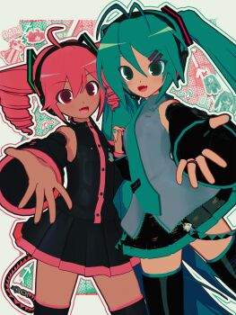 2girls 3d :d absurdres ahoge animasa_model_(mikumikudance) antenna_hair aqua_eyes aqua_hair aqua_necktie belt_charm black_gloves black_shirt black_skirt black_sleeves black_thighhighs border cameo character_charm charm_(object) commentary dark-skinned_female dark_skin detached_sleeves doko_demo_issyo english_commentary fang fingerless_gloves gloves grey_shirt hachune_miku hair_between_eyes hair_ornament hatsune_miku headset highres holding_hands inoue_toro jewelry kasane_teto kasane_teto_(utau) kio_(majin_kz) long_hair looking_at_viewer mikumikudance_(medium) multiple_girls necktie open_mouth outstretched_hand red_eyes red_hair ring shirt skin_fang skirt sleeveless sleeveless_shirt smile thighhighs twintails utau vocaloid white_border zettai_ryouiki
