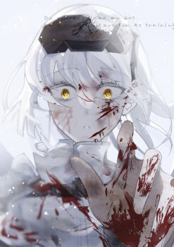 1girl absurdres blood blood_in_hair blood_on_clothes blood_on_face blood_on_hands blood_on_helmet blood_splatter blurry blurry_background brown_eyes cloak commentary cracked_helmet dappled_sunlight eye_reflection facing_viewer goddess_of_victory:_nikke grey_ribbon hair_between_eyes high_collar highres liliweiss_(nikke) long_hair looking_ahead muted_color open_hand outstretched_arm reflection scared shiro_hinageshi snow_white_(nikke) sunlight torn_cloak torn_clothes upper_body watermark white_background white_cloak white_hair wide-eyed