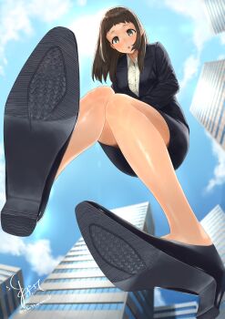 1girl absurdres brown_eyes brown_hair highres light_blush long_hair looking_at_viewer maburoku office_lady pantyhose parted_lips shoes