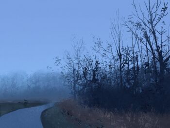 absurdres bare_tree blue_sky blurry bush commentary depth_of_field fog highres landscape nature no_humans original outdoors painterly road scenery sky symbol-only_commentary tree twulfs winter