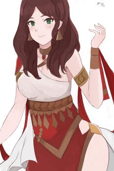 1girl alternate_costume ancient_greek_clothes armlet artist_name belly_chain blush bracelet breasts brown_hair choker cleavage closed_mouth commentary dancer dancer_(fire_emblem:_three_houses) dorothea_arnault dress earrings english_commentary feet_out_of_frame fire_emblem fire_emblem:_three_houses greco-roman_clothes green_eyes highres jewelry kgctcg long_hair looking_at_viewer medium_breasts nintendo pelvic_curtain single-shoulder_dress single_strap smile solo white_background