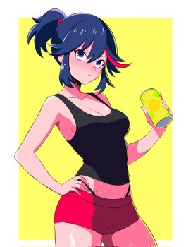 1girl alternate_costume black_tank_top blizzard_(b1iz4rd) blue_eyes blue_hair border breasts can cleavage closed_mouth cowboy_shot drink_can hand_on_own_hip high_ponytail highres holding holding_can kill_la_kill matoi_ryuuko medium_breasts multicolored_hair panty_straps ponytail purple_eyes red_hair red_shorts shorts simple_background solo streaked_hair sweat tank_top white_border yellow_background
