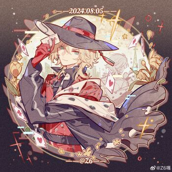 Rule 34 | 1boy, absurdres, aqua eyes, artist name, asymmetrical clothes, belt, black belt, black coat, black hat, black shirt, blonde hair, border, brown border, building, card, cavalier hat, chinese commentary, coat, dated, earrings, fedora, floating card, flower, glitch, gloves, gradient border, hair between eyes, hand up, hat, hat tassel, highres, holding, holding card, jacket, jewelry, joker (playing card), lapels, lars rorschach, lars rorschach (deimortem era), long sleeves, looking at viewer, lovebrush chronicles, male focus, multiple views, necklace, notched lapels, off shoulder, open clothes, open coat, open collar, outside border, petals, playing card, popped collar, red gloves, red jacket, ring, round image, shirt, short hair, sideways glance, skyscraper, smile, solo, striped clothes, striped jacket, tears, transmission tower, tulip, upper body, watermark, weibo watermark, wolf cut, yellow background, yellow flower, yellow tulip, z6