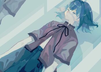 1girl black_ribbon blue_hair blue_skirt closed_eyes closed_mouth commentary_request cowboy_shot expressionless highres lying miyako_yoshika neck_ribbon no_ofuda on_back on_table purple_shirt ribbon shinjitsu_no_kuchi shirt short_hair short_sleeves skirt solo table touhou