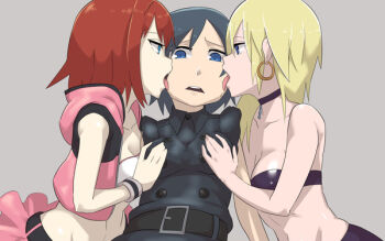 3girls belt black_bra black_dress black_hair blonde_hair blue_eyes bra breasts button buttons double_face_licking dress earrings grabbing_another&#039;s_breast groping hands_on_breasts jacket jewelry kairi_(kingdom_hearts) kingdom_hearts kingdom_hearts_358/2_days kingdom_hearts_iii licking licking_another&#039;s_face multiple_girls namine neck_ring nervous pink_jacket red_hair selfcest skirt small_breasts ukaya_masaru underwear xion_(kingdom_hearts) yuri