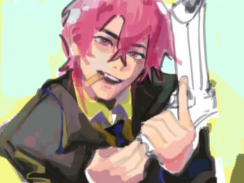 1boy 33yun black_shirt cigarette collared_shirt commentary english_commentary epic_battle_fantasy gun highres holding holding_gun holding_weapon lance_(epic_battle_fantasy) male_focus pink_eyes pink_hair portrait shirt short_hair sketch solo teeth unfinished upper_teeth_only weapon