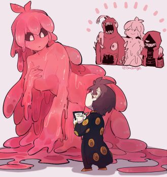 2girls 2others antenna_hair black_coat black_pants black_sclera breasts brown_hair coat colored_sclera colored_skin e.g.o_(project_moon) employee_(project_moon) highres horns lamp_(e.g.o) large_breasts little_red_riding_hooded_mercenary lobotomy_corporation long_hair long_sleeves melting melting_love monster_girl multiple_girls multiple_others nothing_there nugget_(project_moon) open_mouth pants pink_hair pink_skin project_moon sabaage shoes sidelocks simple_background slime_(substance) slime_girl very_long_hair white_background white_eyes yellow_shoes