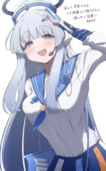 1girl alternate_costume anchor_hair_ornament arm_up blue_archive blue_nails blue_neckerchief blue_sailor_collar blue_skirt blush breasts caff_(aosui9) commentary dixie_cup_hat fingerless_gloves gloves hair_ornament halo hat headgear headset highres long_hair long_sleeves looking_at_viewer mechanical_halo military_hat millennium_science_school_logo neckerchief noa_(blue_archive) open_mouth purple_eyes sailor_collar salute shirt simple_background skirt smile solo twitter_username whistle whistle_around_neck white_background white_hair white_halo white_shirt