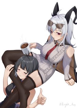 2girls :3 absurdres arm_support bare_shoulders black_hair black_horns black_jacket black_thighhighs boyin breasts closed_eyes closed_mouth clothing_cutout commentary cup curled_horns dress eyewear_on_head female_rover_(wuthering_waves) grey_dress grey_hair highres holding holding_cup horns jacket jacket_on_shoulders large_breasts leg_lock long_hair multiple_girls red_eyes rover_(wuthering_waves) shoulder_cutout sitting sunglasses sweater sweater_dress thighhighs thighs thumbs_up twitter_username wuthering_waves zani_(downtown_repose)_(wuthering_waves) zani_(wuthering_waves)