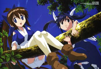 00s 2girls absurdres ayane_(nagasarete_airantou) black_eyes blue_eyes blue_hair boots brown_hair day frown hair_ribbon highres hosoda_naoto in_tree japanese_clothes leaf long_hair magazine_scan megami_magazine miko multiple_girls nagasarete_airantou ninja non-web_source outdoors panties pantyshot ponytail ribbon sandals scan sitting sitting_in_tree skirt sky socks suzu_(nagasarete_airantou) tears thighhighs tree twintails underwear upskirt very_long_hair