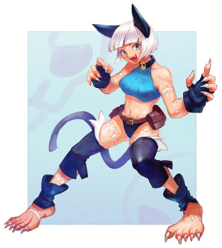 1girl animal_ears bag barefoot black_gloves blue_eyes blue_shirt cat_ears cat_girl cat_tail crop_top detached_pants fang fighting_stance fingerless_gloves fingernails gloves looking_at_viewer midriff ms._fortune_(skullgirls) navel open_mouth satchel scar scar_on_foot scar_on_leg sharp_fingernails sharp_toenails shirt short_hair skullgirls solo standing tail toenails white_hair yuza