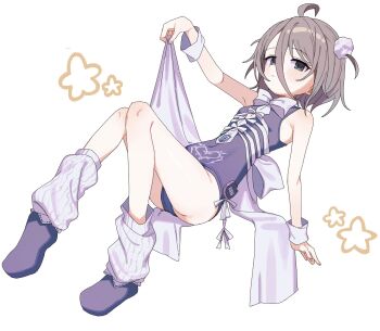 1girl ahoge bare_shoulders bow bowtie brown_hair flat_chest full_body green_eyes grey_eyes grey_hair hair_between_eyes highres kyamimasita leotard looking_at_viewer loose_socks original pom_pom_(clothes) purple_leotard purple_shoes shoes short_hair simple_background socks solo white_background white_bow wrist_cuffs