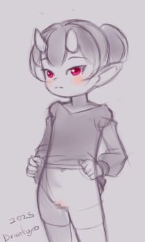 1girl 2025 20s blush censored clothes_lift demon_girl demon_horns drantyno dress dress_lift flat_chest hair_bun highres horns loli long_sleeves looking_at_viewer monochrome navel no_panties oni original pointy_ears pussy red_eyes sketch standing thighhighs