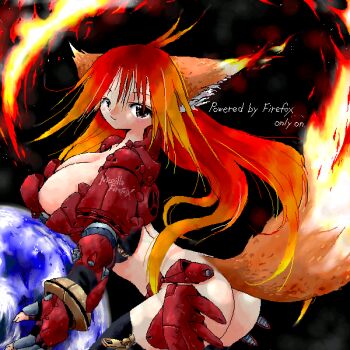 Rule 34 | 1girl, aliasing, animal ears, armor, ass, breasts, earth (planet), english text, female focus, fingerless gloves, fire, fox ears, fox tail, gloves, large breasts, long hair, looking at viewer, mozilla firefox, multicolored hair, nipple slip, nipples, orange hair, planet, revealing clothes, solo, tail, text focus, thighhighs, very long hair, yone88, yonezuka ryou
