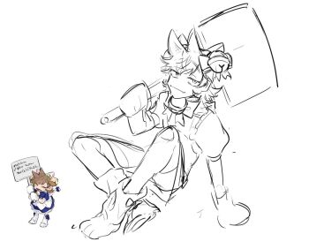 Rule 34 | 1boy, animal ears, animal hands, animal hat, animification, apron, bad id, bad twitter id, bell, bikmo321, blue dress, brown hair, cat ears, cat hat, cat tail, chibi, chibi inset, cosplay, crossdressing, crossdressing (mtf), dejiko, dejiko (cosplay), di gi charat, dress, eddsworld, fang, flipped hair, gloves, hair bell, hair ears, hair ornament, hat, holding, holding sign, looking at viewer, male focus, monochrome, paw gloves, paw shoes, short hair, sign, simple background, sketch, skin fang, smile, solo focus, tail, tord (eddsworld), translation request, white background