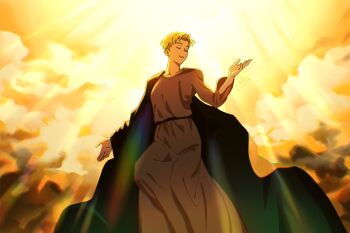 Rule 34 | 1boy, blonde hair, chi.: chikyuu no undou ni tsuite, cloak, closed eyes, cloud, cloudy sky, commentary request, floating, green cloak, grey robe, highres, long sleeves, male focus, outstretched arms, parted bangs, parted lips, rafal (chi.), robe, short hair, sky, smile, solo, sunlight, swept bangs, tamanae