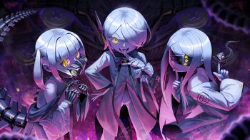 3girls absurdres bandaged_hand bandages blindfold blue_archive bow bowtie colored_skin commentary ein_(blue_archive) extra_pupils fang hair_over_one_eye highres khoaphan96 long_hair mask mechanical_hands mechanical_spine mechanical_tail mouth_mask multiple_girls ohr_(blue_archive) short_hair short_twintails sof_(blue_archive) symbol-shaped_pupils tail tongue tongue_out twintails white_hair white_skin x-shaped_pupils yellow_eyes