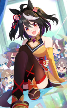 1girl almond_eye_(umamusume) animal_ears black_hair black_hat black_thighhighs blue_eyes blue_jacket blush bow_hairband braid braided_hair_rings breasts brown_eyes brown_hair brown_sandals cheval_grand_(umamusume) chrono_genesis_(umamusume) cleavage closed_mouth commentary_request crossed_legs detached_sleeves doll dress green_jacket grey_hair hair_between_eyes hair_rings hairband hat highres horse_ears horse_girl horse_tail jacket japanese_clothes kimono kitasan_black_(crowning_ooban)_(umamusume) kitasan_black_(umamusume) long_hair looking_at_viewer multicolored_hair necktie one_eye_closed open_mouth pink_necktie purple_eyes red_eyes sandals satono_diamond_(natural_brilliance)_(umamusume) satono_diamond_(umamusume) short_hair smile solo sweep_tosho_(platanus_witch)_(umamusume) sweep_tosho_(umamusume) tail thighhighs tokai_teio_(peak_joy)_(umamusume) tokai_teio_(umamusume) two-tone_hair two_side_up umamusume white_dress white_hair white_hairband witch_hat yellow_kimono yo-ha