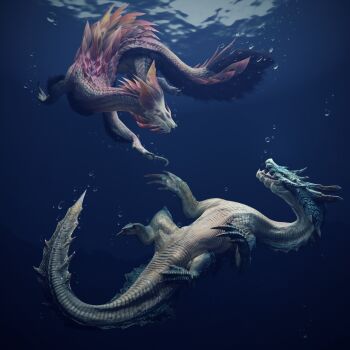 3d absurdres air_bubble animal_focus bubble caustics claws commentary english_commentary fins from_side full_body head_fins highres ivorylagiacrus lagiacrus long_tail looking_at_another looking_back mizutsune monster_hunter_(series) no_humans purple_fur refraction reptile submerged swimming tail underwater