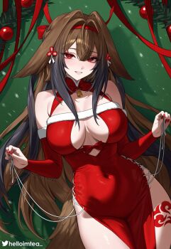1girl animal_ears bare_shoulders breasts brown_hair christmas cleavage commentary covered_navel detached_sleeves dress fox_ears fox_girl fox_tail hair_intakes hairband helloimtea highres looking_at_viewer mixed-language_commentary paid_reward_available red_dress red_eyes red_hairband smile solo tail ye_shunguang zenless_zone_zero