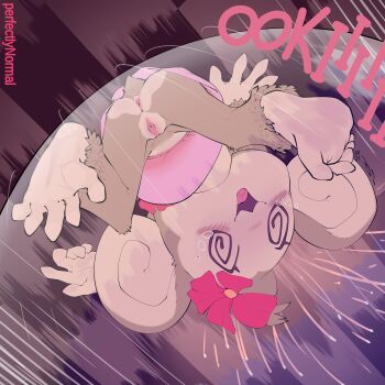 1girl absurdres anus artist_name ass blush clitoris dizzy feet flower flower_on_head furry highres meemee_(super_monkey_ball) monkey monkey_girl motion_lines open_mouth perfectlynormal petite pussy sega skirt soles spread_legs super_monkey_ball toes topless_female