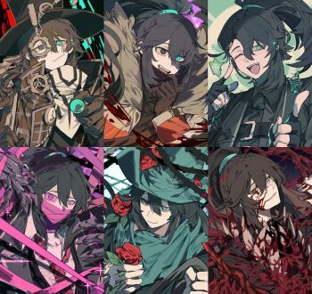 1boy aqua_eyes bandana black_coat black_gloves black_hair black_necktie black_shirt black_vest blood blood_on_face bloody_weapon body_horror bound brown_gloves candy chest_belt chinese_commentary closed_mouth coat collared_shirt colored_sclera covered_mouth dimension_shredder_(e.g.o) e.g.o_(project_moon) extra_teeth facial_mark fangs fingerless_gloves flesh flower food full-stop_office_(identity)_(project_moon) fur-trimmed_jacket fur_trim gears gloves green_hat green_poncho grey_eyes hat headpiece heterochromia high_ponytail highres holding holding_candy holding_food holding_lollipop holding_polearm holding_reins holding_rope holding_weapon hong_lu_(project_moon) hook_office_(identity)_(project_moon) itokenaikei jacket lasso_(e.g.o) limbus_company lollipop lollipop_in_mouth long_hair long_sleeves looking_ahead looking_at_viewer mask mask_pull monocle mouth_mask necktie notice_lines one_eye_closed open_clothes open_mouth orange_jacket partially_shaded_face pink_eyes pink_ribbon pink_sclera plaid_clothes plaid_coat pointing polearm ponytail project_moon prosthesis red_necktie reins ribbon rope rose roseate_desire_(e.g.o) sharp_teeth shirt smile sparkle spoken_symbol teeth thorns tied_up_(nonsexual) top_hat upper_body vest weapon white_bandana white_shirt yurodiviye_(identity)_(project_moon)