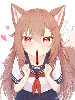 1girl animal_ear_fluff animal_ears brown_hair commentary_request food hair_between_eyes hair_ornament hairclip heart highres long_hair looking_at_viewer neckerchief original pleated_skirt pocky rade_(rade_552) red_eyes red_neckerchief revision sailor_collar school_uniform serafuku shirt short_sleeves signature skirt solo tail white_background white_shirt wolf_ears wolf_girl wolf_tail