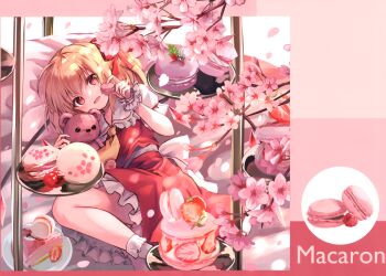 1girl :3 :o absurdres ankle_socks ascot back_bow blonde_hair blush bow branch cake cherry_blossoms collarbone commentary_request eyelashes falling_petals feet_out_of_frame flandre_scarlet flower food frilled_shirt_collar frilled_skirt frills fruit full_body highres holding holding_food kure~pu lying macaron no_headwear on_bed on_side one_side_up open_mouth petals pink_flower plate puffy_short_sleeves puffy_sleeves red_eyes red_skirt red_vest sash short_hair short_sleeves skirt socks solo strawberry strawberry_shortcake stuffed_animal stuffed_toy teddy_bear third-party_source touhou tray vest white_sash white_socks wings wrist_cuffs yellow_ascot