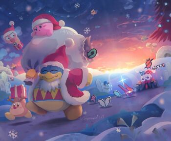 1up :o antlers blue_hat bow bowtie box bronto_burt character_request chilly_(kirby) christmas closed_eyes closed_mouth evening fur-trimmed_jacket fur-trimmed_sleeves fur_trim gift gift_box hat highres holding holding_sack horns jacket king_dedede kirby kirby_(series) long_sleeves marx_(kirby) nintendo no_humans open_mouth outdoors polka_dot_headwear red_bow red_bowtie red_hat red_jacket reindeer_antlers sack santa_hat sky smile snow snowing sparkle sunset suyasuyabi tree twitter_username two-tone_hat waddle_dee watermark winter