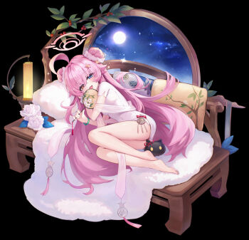 1girl :d ahoge bare_legs barefoot black_background blue_archive blue_eyes blush branch breasts cano852 china_dress chinese_clothes commentary covered_navel crossed_bangs double_bun dress eyes_visible_through_hair fang feet floral_print flower full_body full_moon hair_between_eyes hair_bun hair_intakes hair_ornament hair_spread_out halo hand_fan heterochromia highres holding holding_fan hoshino_(blue_archive) hoshino_(flowery_charms)_(blue_archive) huge_ahoge leaf legs long_hair looking_at_viewer lying mahjong_soul moon night official_alternate_costume official_alternate_hairstyle on_bed on_side open_mouth pillow pink_hair pink_halo rose round_window short_dress short_sleeves simple_background skin_fang small_breasts smile solo sparkle star_(symbol) star_hair_ornament thighs very_long_hair white_dress white_flower white_rose window yellow_eyes