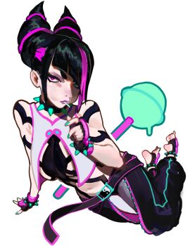 1girl bracelet breasts candy collar commentary fingerless_gloves food gloves hair_horns han_juri heterochromia highres jewelry lollipop nero_(neroartbox) solo spiked_anklet spiked_bracelet spiked_collar spikes street_fighter street_fighter_6 symbol-only_commentary yin_yang