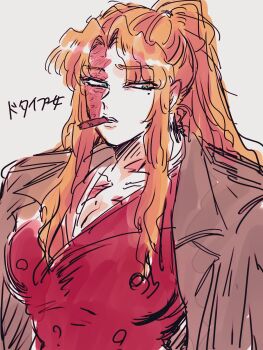 Rule 34 | 1girl, balalaika (black lagoon), black lagoon, blonde hair, blue eyes, breasts, brown coat, burn scar, cigar, cleavage, coat, coat on shoulders, facial scar, highres, large breasts, looking down, mole, mole under eye, mutsuki (mutuki05), ponytail, scar, scar on cheek, scar on face, sketch, solo, translation request, upper body