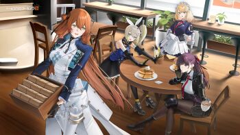 4girls absurdres apron bare_shoulders black_boots black_gloves black_pantyhose blonde_hair boots brown_hair centaureissi_(girls&#039;_frontline_2) chair commentary_request crossed_legs cup food g36_(girls&#039;_frontline) girls&#039;_frontline girls&#039;_frontline_2:_exilium gloves green_eyes highres holding holding_cup indoors kaoruko_(unkrk55) long_hair long_sleeves looking_at_another maid maid_headdress makiatto_(girls&#039;_frontline_2) multiple_girls necktie official_art on_chair open_mouth orange_hair pantyhose purple_hair red_eyes red_necktie second-party_source sharkry_(girls&#039;_frontline_2) short_hair side_ponytail sitting smile springfield_(girls&#039;_frontline) springfield_(girls&#039;_frontline_2) standing table wa2000_(girls&#039;_frontline) white_apron white_gloves wooden_table